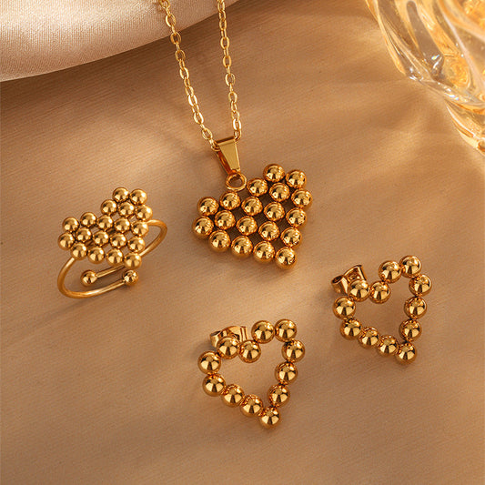 C529 Conjunto collar aretes anillo acero inoxidable chapado en oro 18k largo 23cm dije 2.5cm anillo 2cm aretes 1.5cm