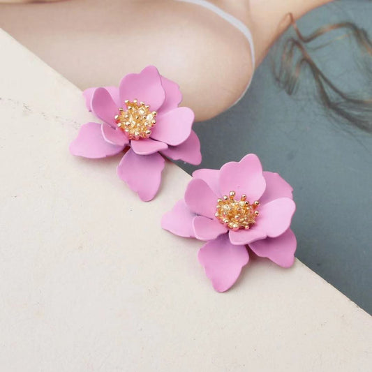 E3868 Aretes flor rosa aleacion esmaltado 2cm