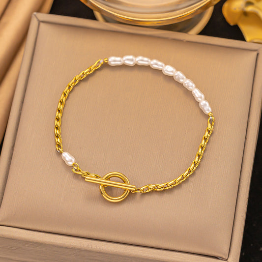 B468 Pulsera dorada perlas acero inoxidable 18cm