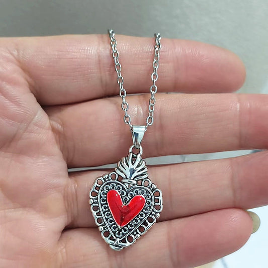 C749 Collar corazón plateado aleacion 24cm largo dije 4cm