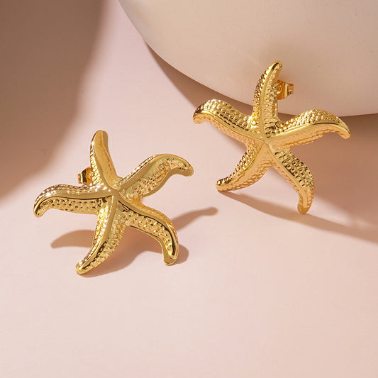 E4690 Aretes estrella de mar acero inoxidable chapado en oro de 18k 3.5cm