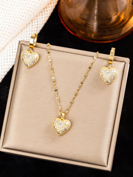 C853 Conunto de collares aretes corazón brillante acero inoxidable 22cm largo 2cm aretes