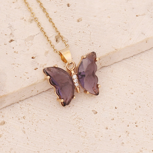 C621M Collar mariposa purpura acero inoxidable chapado en oro 18k largo 23cm dije 2cm