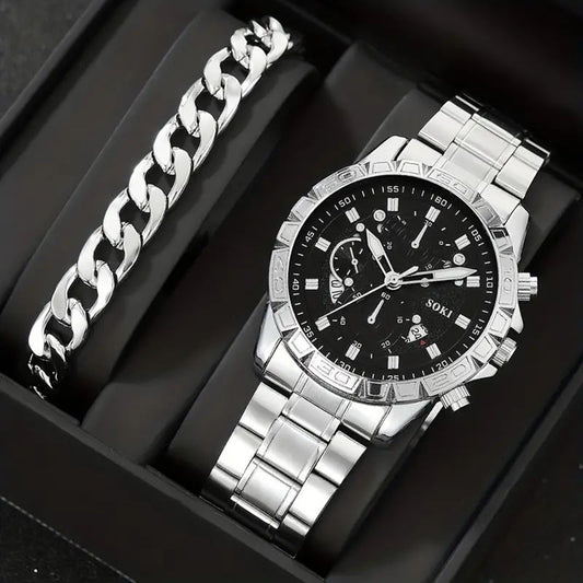 R132 conjunto de reloj pulsera plateado hombre