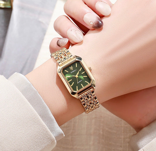 R184 reloj dorado verde casual hebilla de cuarzo de mujer