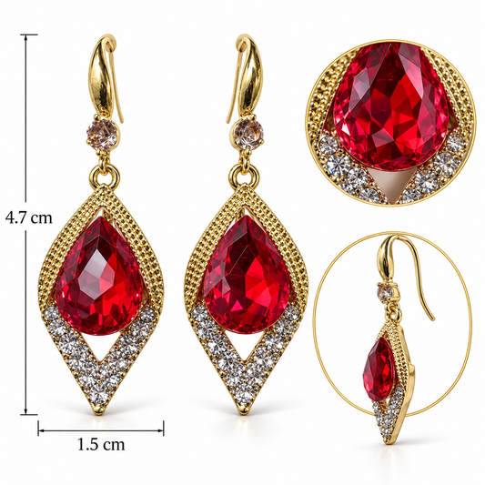 E7472 Aretes rombo con circonia al centro roja de aleacion