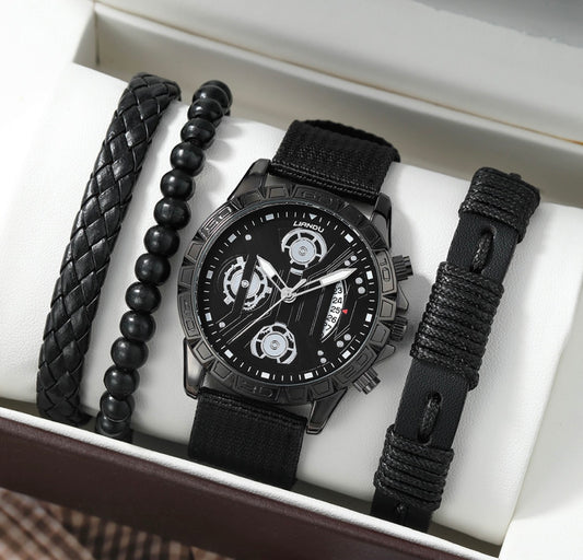 R192 reloj negro con pulseras cuero sintetico