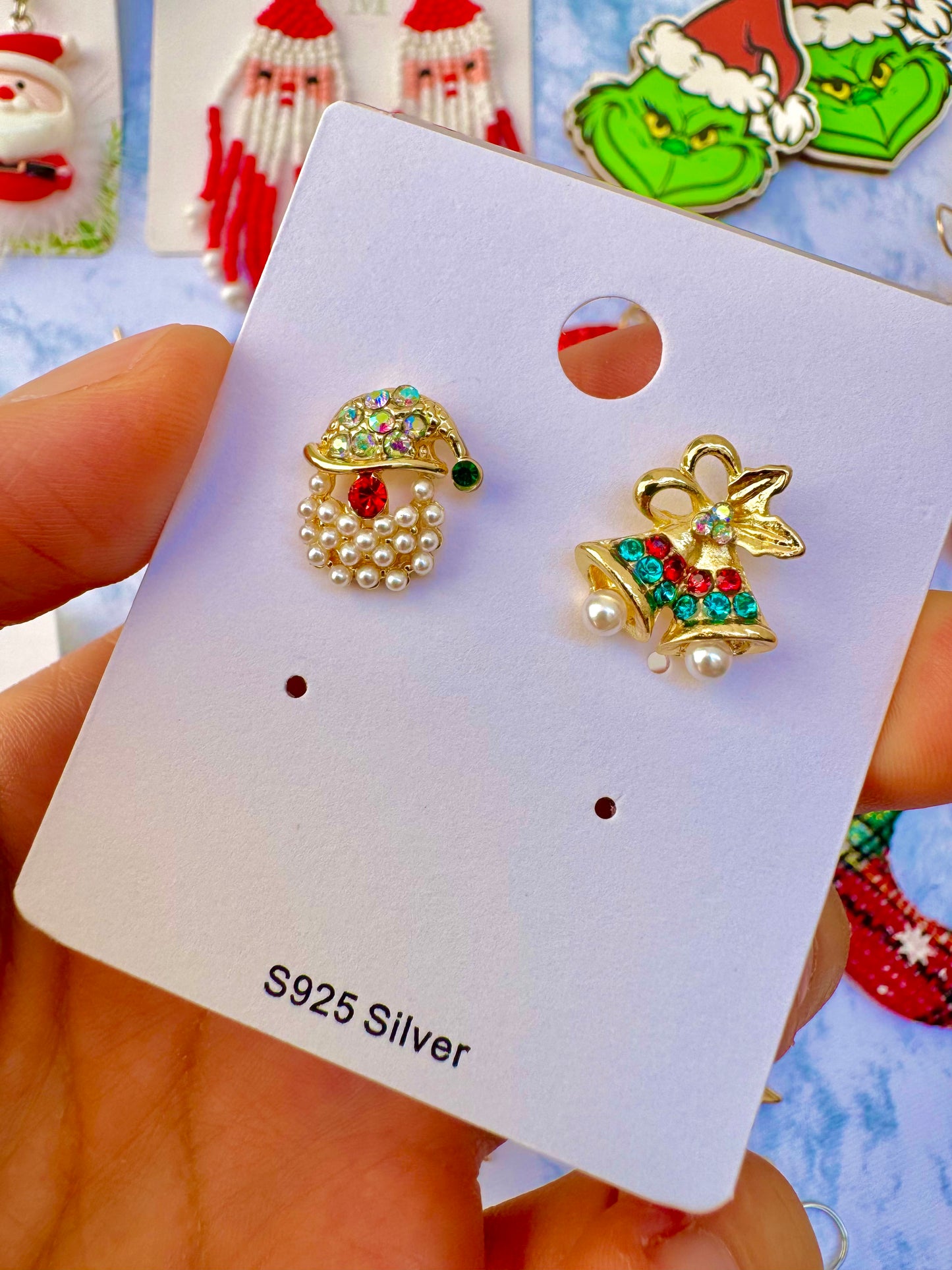 E2066 Aretes santa campanas asimetricos Navidad poste de plata