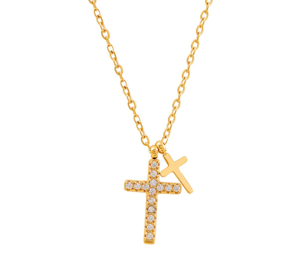 C1525 Collar doble cruz brillante acero inoxidable chapado en oro de 18k 21cm dije 1.5cm