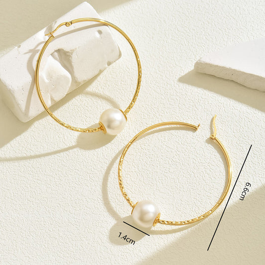 E3397 aretes aro perla acero inoxidable chapado en oro de 18k 6.5cm