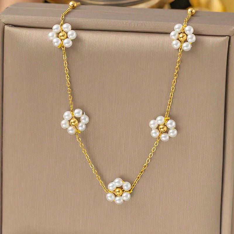 C533 Collar flores acero inoxidable chapado en oro 18k largo 25cm dije 1cm