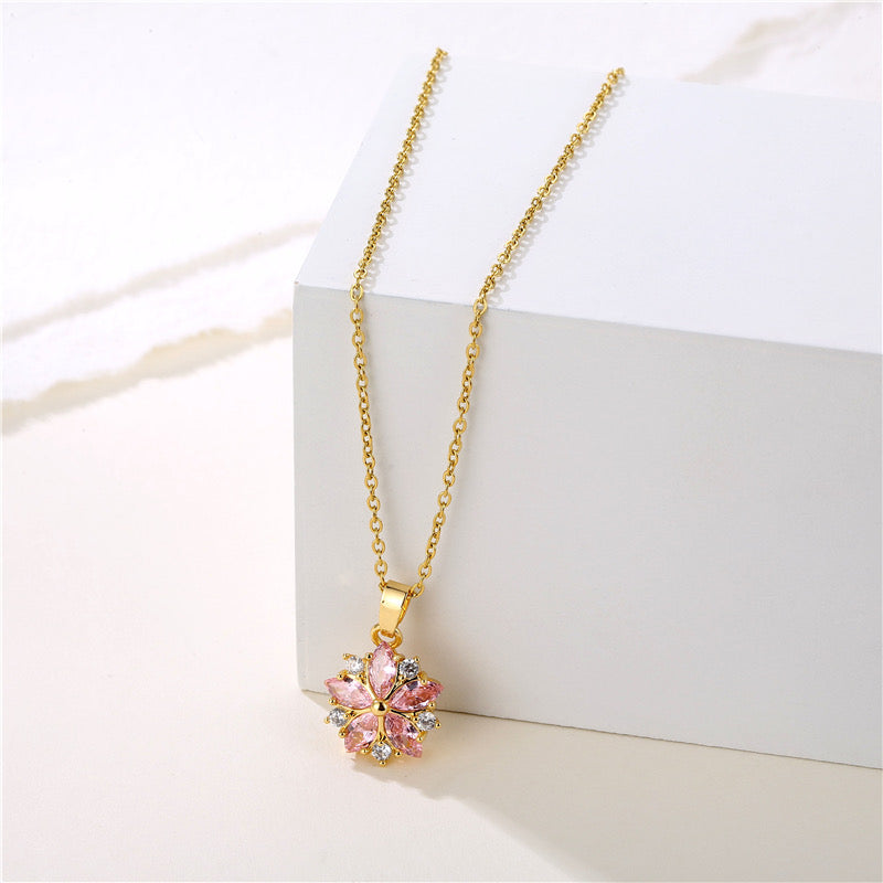 C244 Collar copo de nieve rosa acero inoxidable chapado en oro de 18K