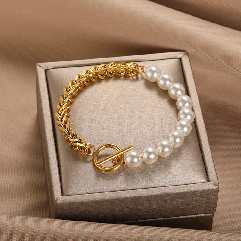 B967 Pulsera perlas acero de titanio chapado en oro de 14k con recubrimiento PVD