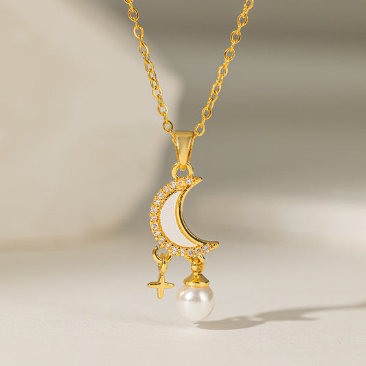 C827 Collar luna acero inoxidable chapado en oro de 18k 21cm largo 2.5cm dije