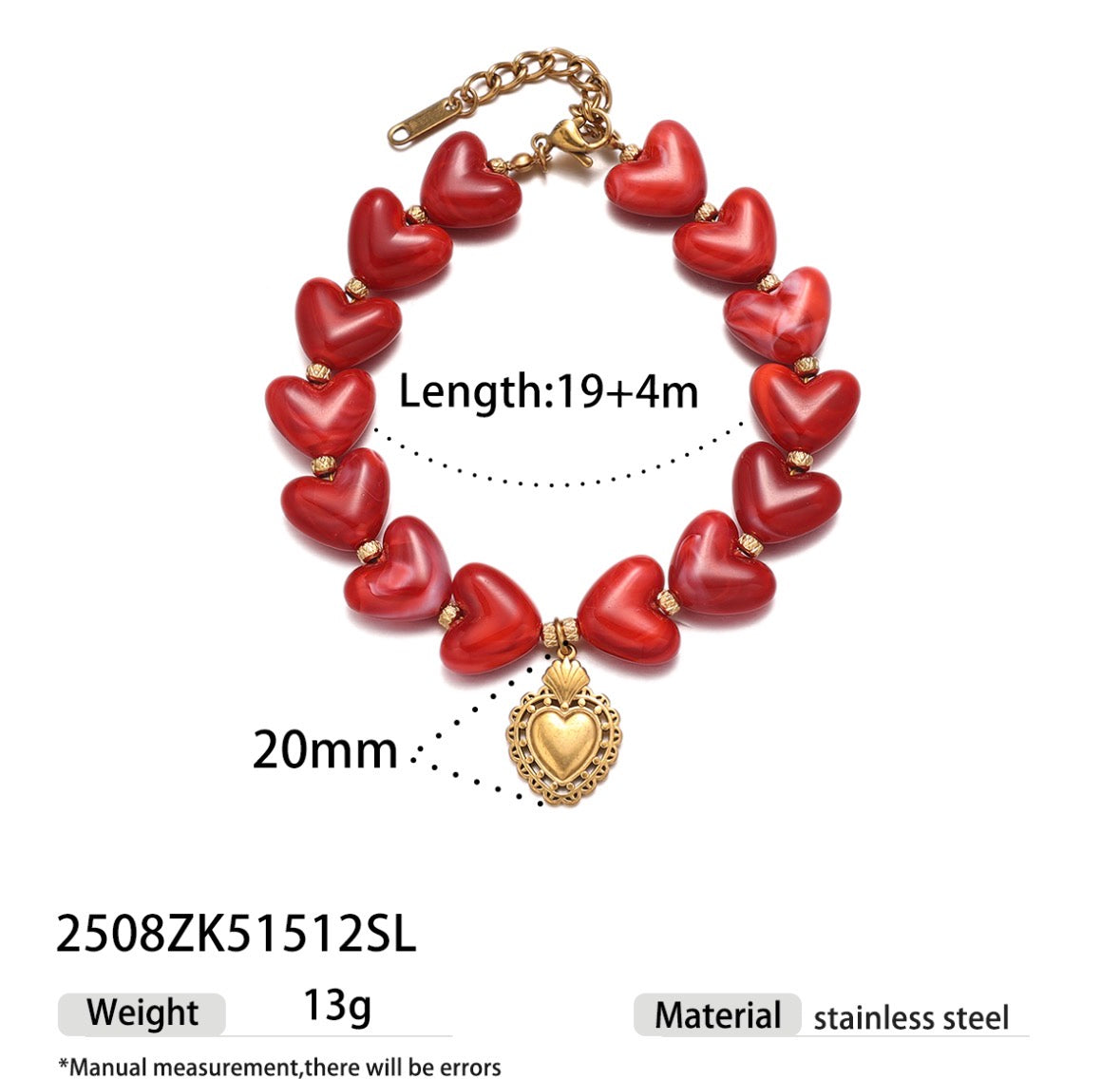 C1187 Collar de corazones rojos chapado en oro de 18k