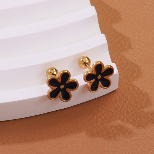 J570 Aretes flor negra acero inoxidable chapado en oro de 18k 1cm