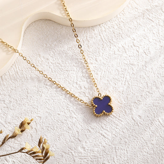 C319A Collar trebol azul doble vista acero inoxidable chapado en oro 18k largo 19cm dije 1cm
