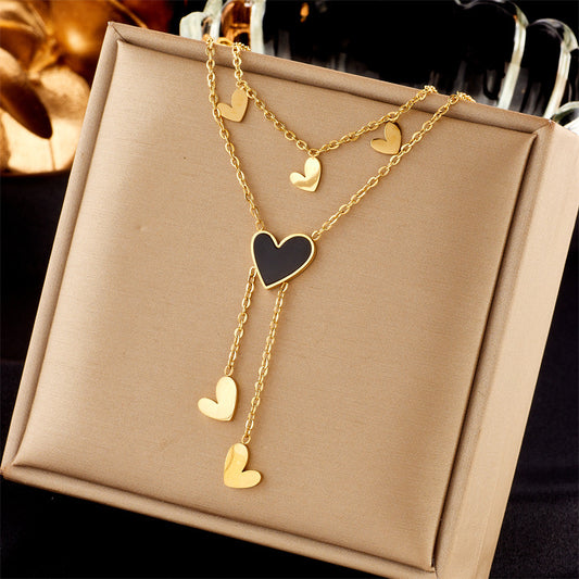 C534 Collar doble corazones acero de titanio largo 28cm dije 1cm