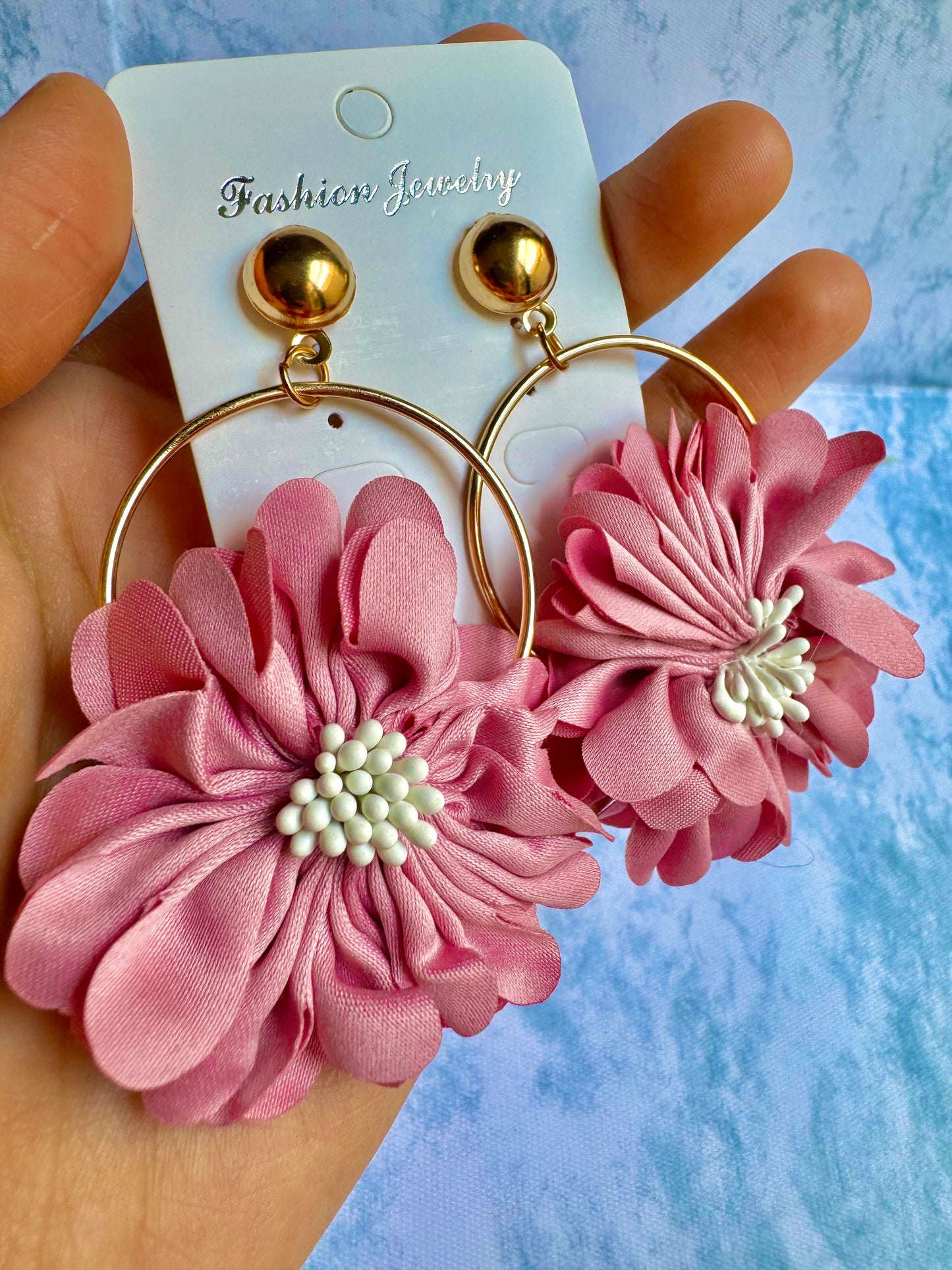 E612R Aretes flor rosa tela tipo arracada colgantes 8cm