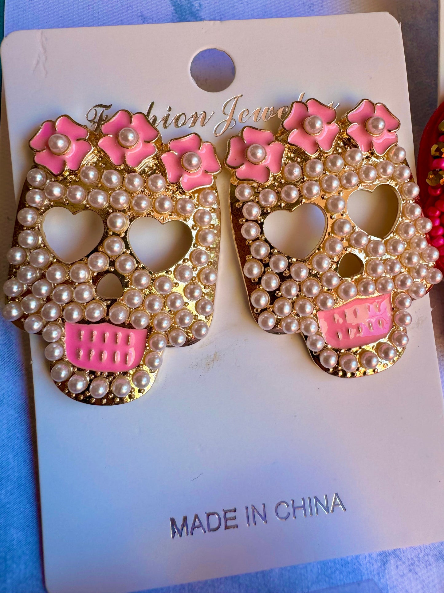 E299 Aretes Calavera Flor Rosa Perlas Día De Muertos Halloween