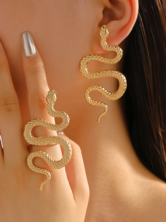 E7313D Duo incluye par de aretes y anillo de serpiente aleacion 7cm
