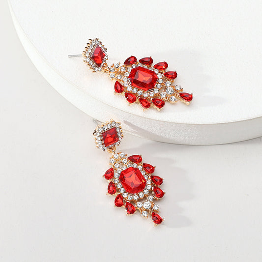 E5843 Aretes brillantes cristales rojo aleacion vidrio enchapado en oro 4cm