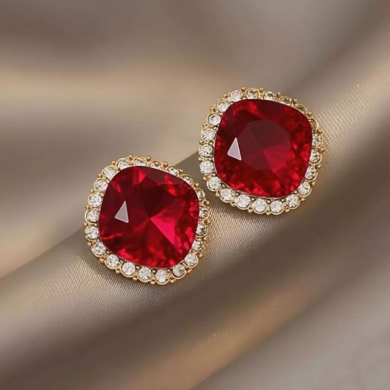 E7125 Aretes cristal rojo cuadrado brillante aleacion 2cm