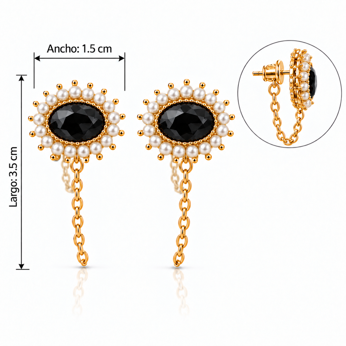 E7401 Aretes avalo negro perla con cadena material aleacion