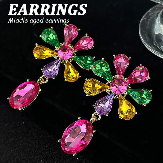 E3953C Aretes flor cristal colores aleacion 5cm