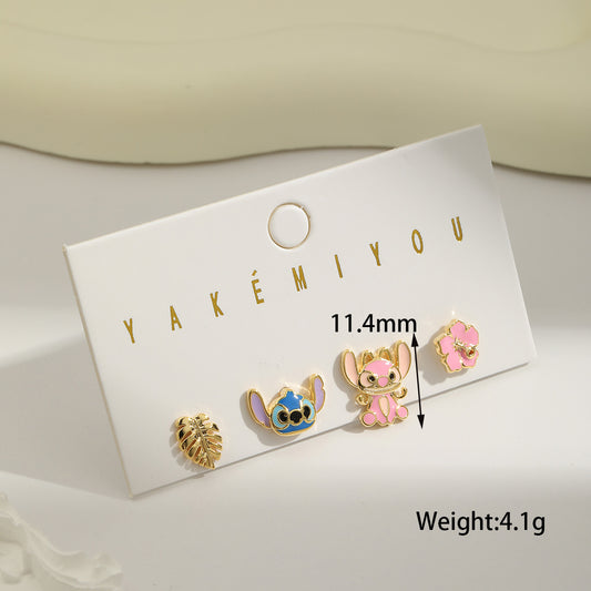 E3615 conjunto de aretes stitch cobre chapado en oro de 18k