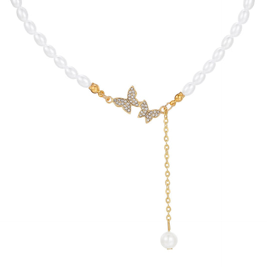C464 Collar Perlas mariposas aleacion
