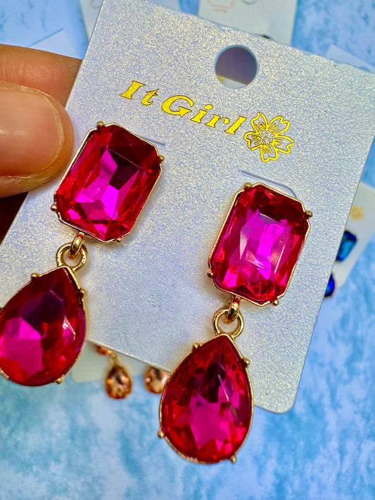 E1887F Aretes incrustacion cristal fucsia fiesta 3.5cm