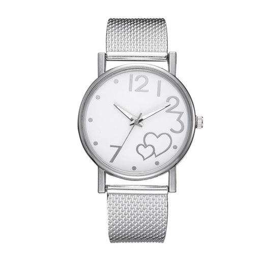 R190 reloj plateado hebilla de cuarzo mujer corazones