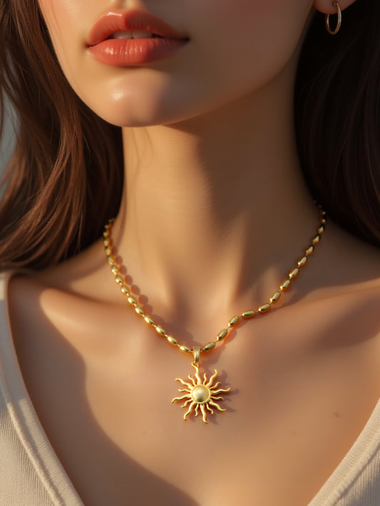 C1003 Collar sol dorado acero inoxidable chapado en oro de 18k 22cm,4cm dije