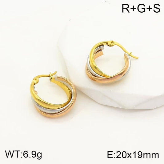 E3252 Aretes arracadas tricolor acero inoxidable chapado en oro 18k 2.5cm