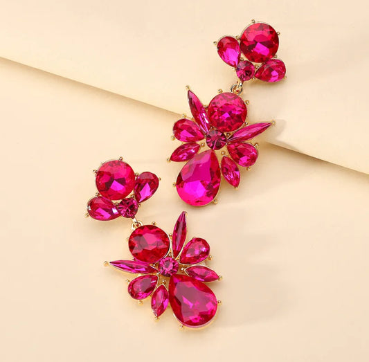 E3436 Aretes flor cristal rosa brillante fiesta aleacion 6cm