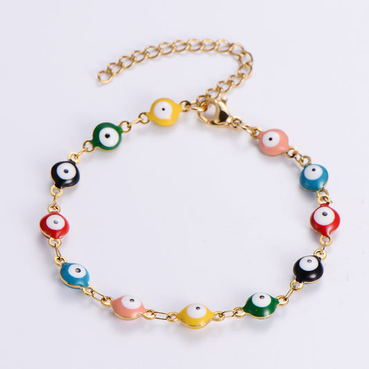 B351D Pulsera dorada ojos turcos colores acero inoxidable chapado en oro 18k largo 22cm