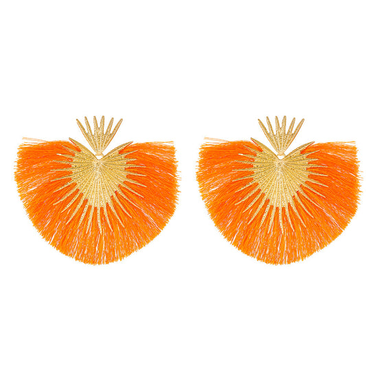E7098N Aretes pico dorado y flecos naranjas   en forma de abanico aleacion 9cm