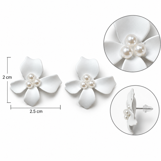 E7470 Aretes flor blanca con perla en el centro de aleacion