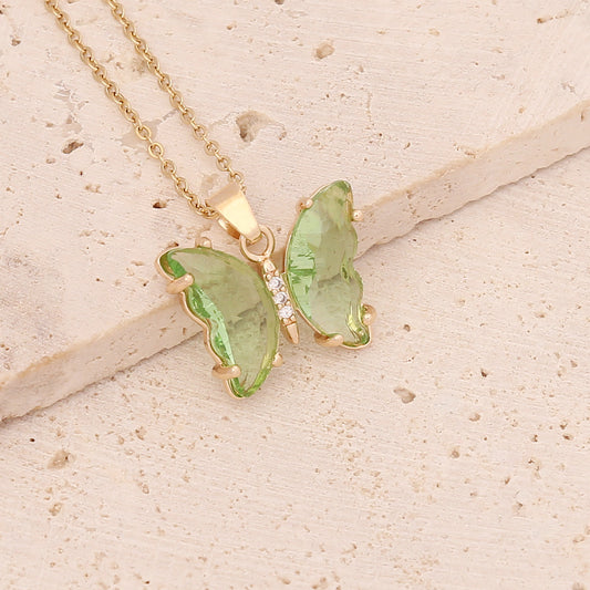 C621V Collar mariposa verde acero inoxidable chapado en oro 18k largo 23cm dije 2cm