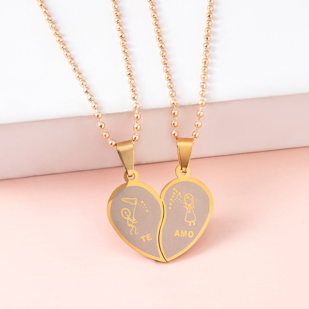 C696 Duo collares pareja enamorados acero inoxidable largo 29cm dije 3.5cm