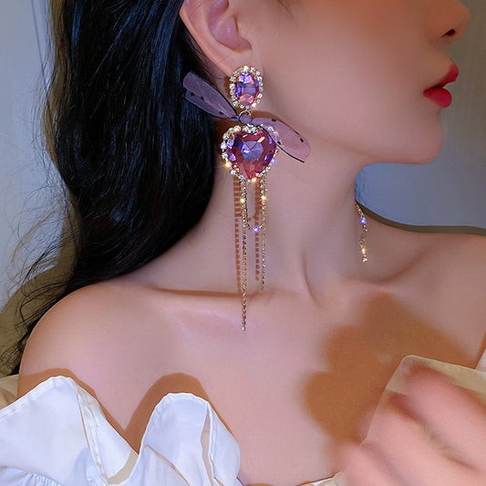 E3962 Aretes corazón morado colgante poste de plata 7cm