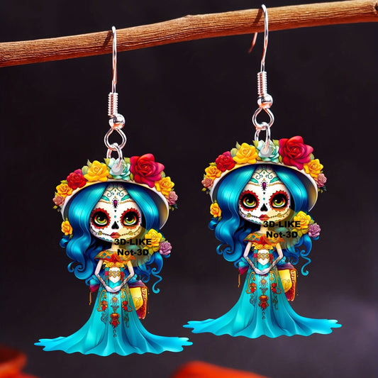 E4055  Aretes catrina día de muertos Halloween 5.5cm acrílico
