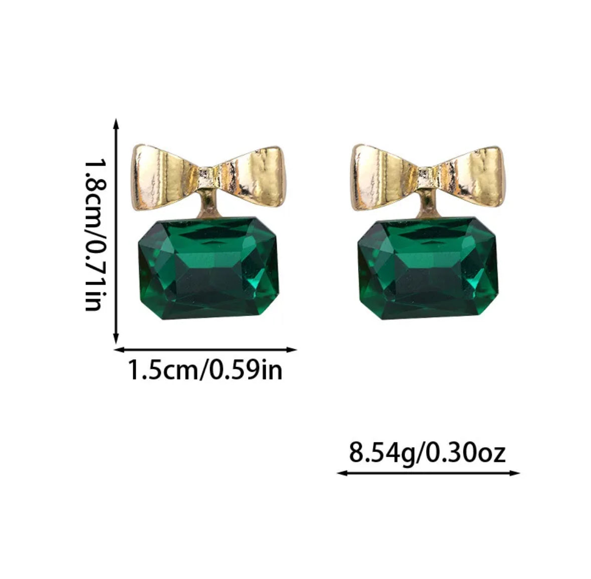 E1919 Aretes moño cristal verde esmeralda poste de plata 1.5cm