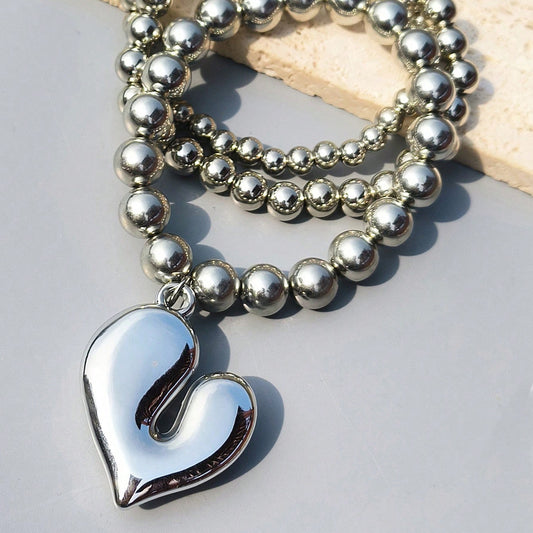 B360 Pulsera plateada cuentas corazon cubierto de cobre