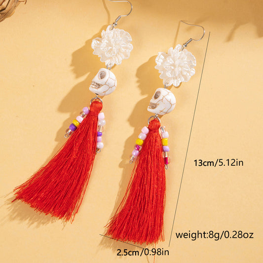 E4045 Aretes cráneo blanco catrina roja aleacion resina 10cm