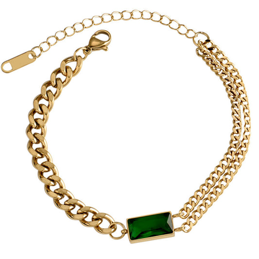 B552 pulsera dorada cristal verde acero inoxidable 20cm