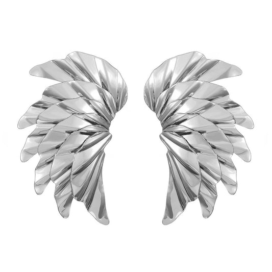 E7127 Aretes en forma de alas plateadas con textura aleacion 5cm