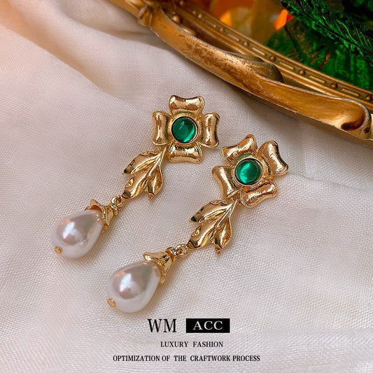 022 Aretes dorados cristal verde perla elegante aleacion