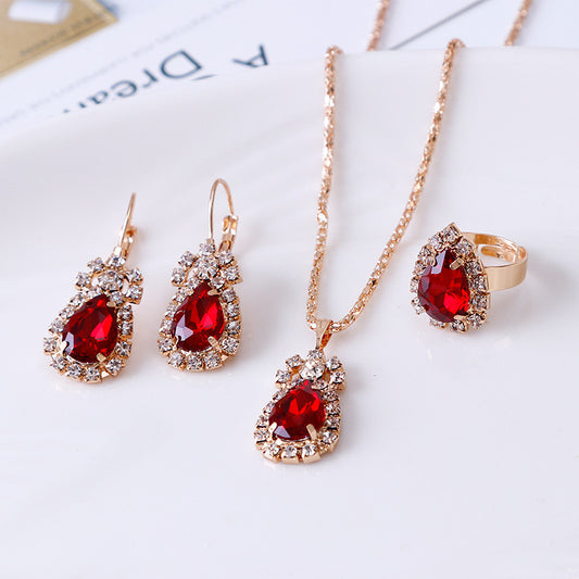 C1599 Conjunto de collar aretes y anillo gota elegante roja aleacion 24cm largo 1.5dije